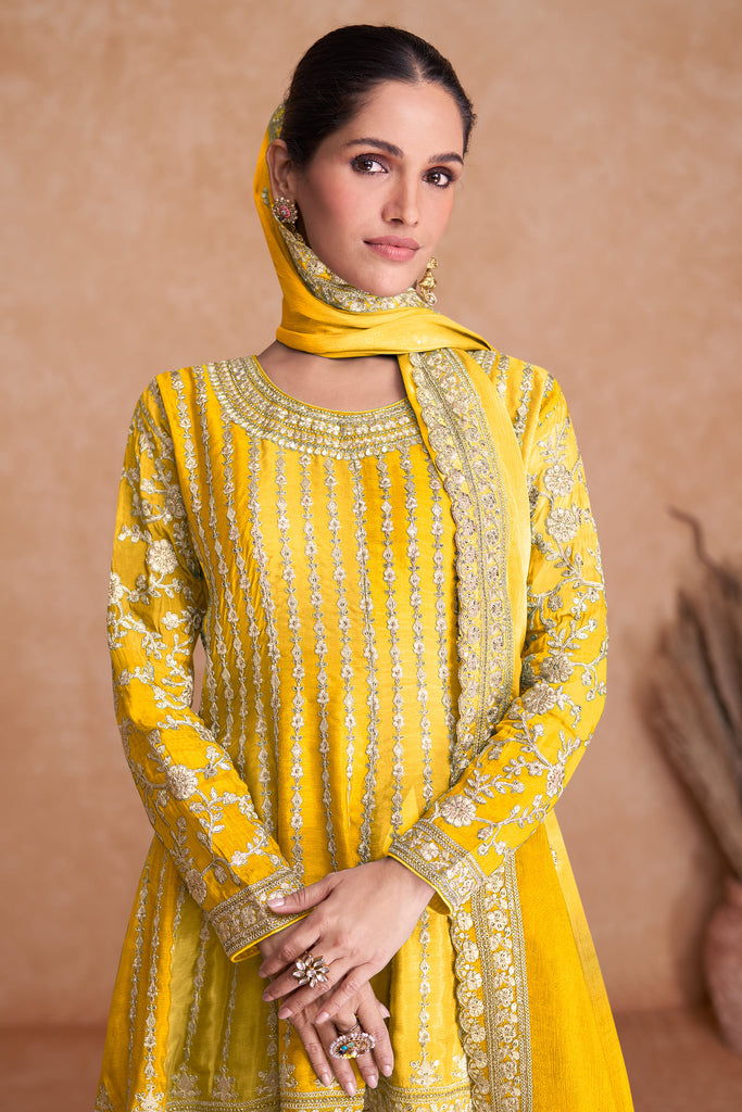 Yellow Party Palazzo Suit With Embroidery Work