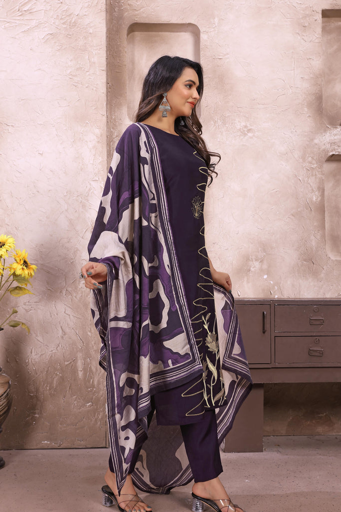 Designer Dark Purple Suit Set In Silk - Diva D London LTD