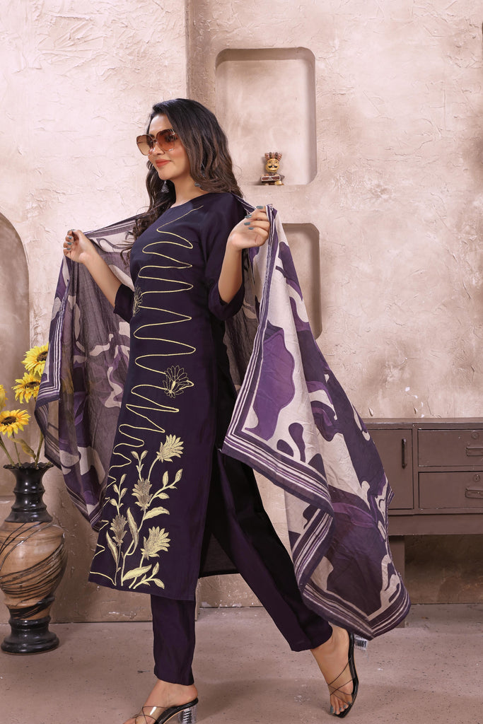 Designer Dark Purple Suit Set In Silk - Diva D London LTD