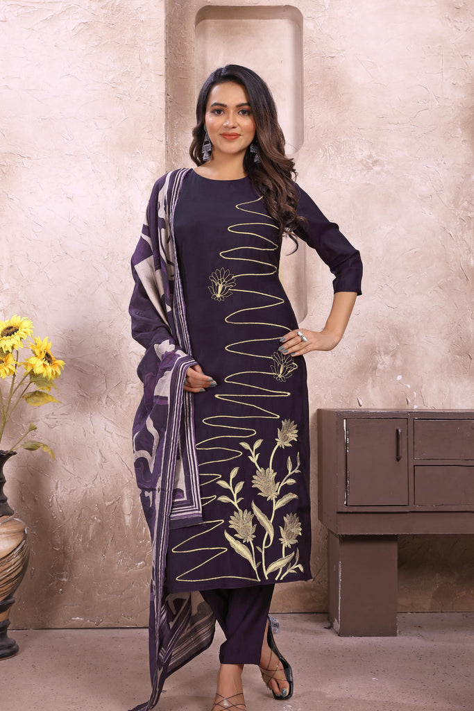 Designer Dark Purple Suit Set In Silk - Diva D London LTD