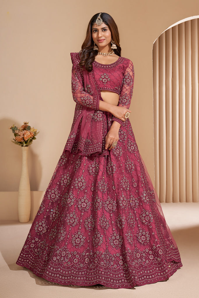 Dark Pink Crystal Heavy Designer Work Soft Net Wedding Lehenga Choli