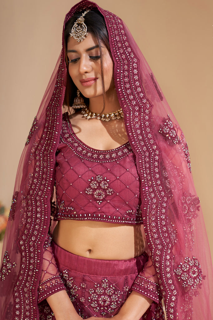 Dark Pink Crystal Heavy Designer Work Soft Net Wedding Lehenga Choli