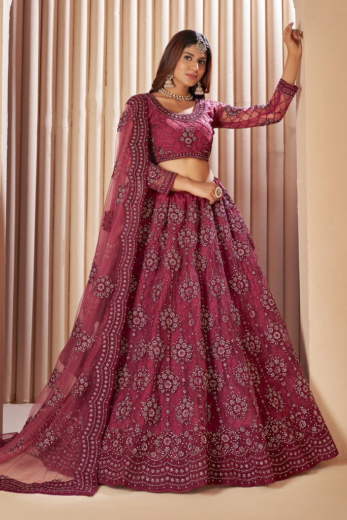 Dark Pink Crystal Heavy Designer Work Soft Net Wedding Lehenga Choli