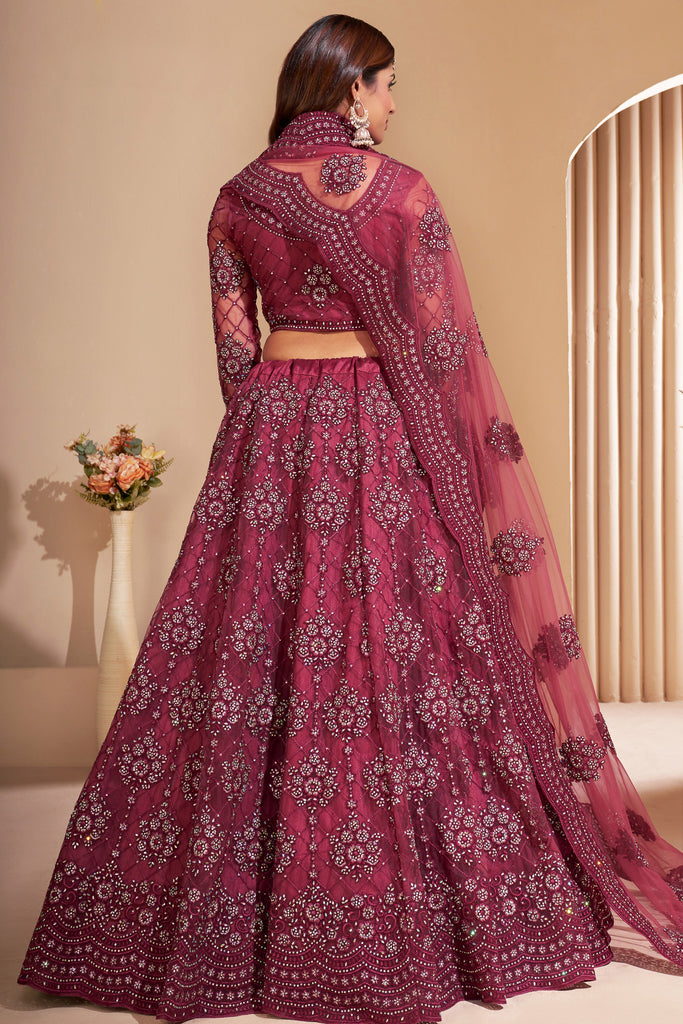 Dark Pink Crystal Heavy Designer Work Soft Net Wedding Lehenga Choli