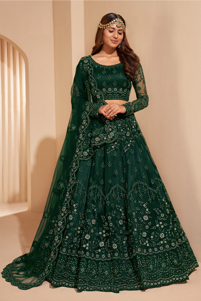 Emerald Green Crystal Heavy Designer Work Soft Net Wedding Lehenga Choli