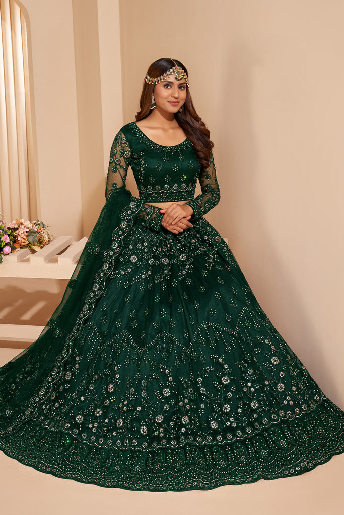 Emerald Green Crystal Heavy Designer Work Soft Net Wedding Lehenga Choli