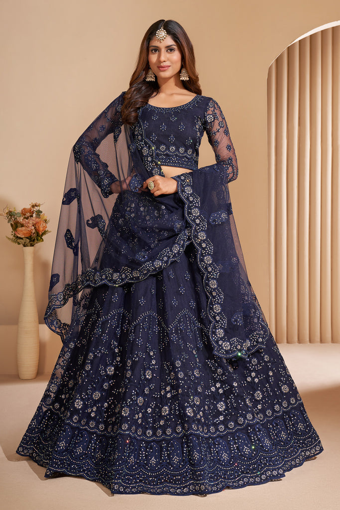 Navy Blue Crystal Heavy Designer Work Soft Net Wedding Lehenga Choli