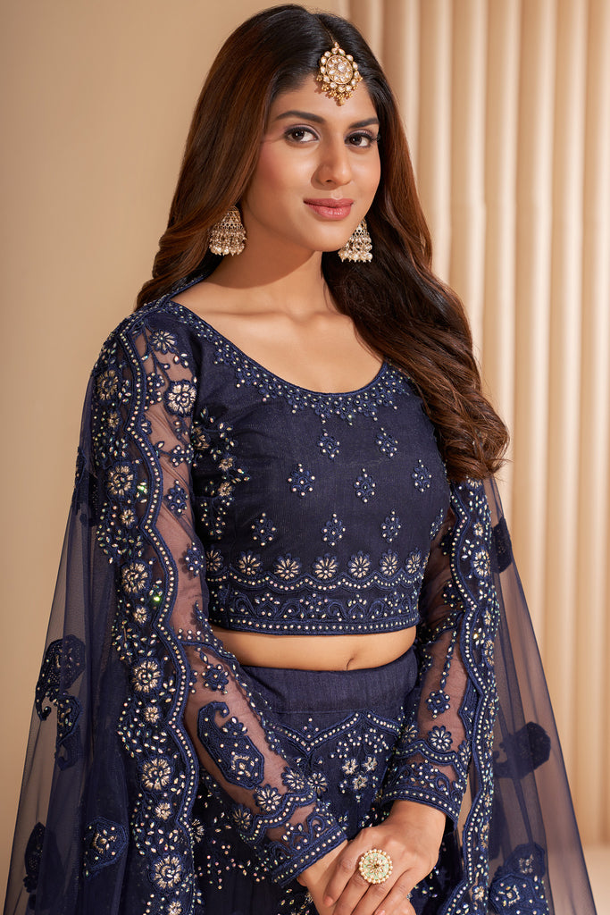 Navy Blue Crystal Heavy Designer Work Soft Net Wedding Lehenga Choli