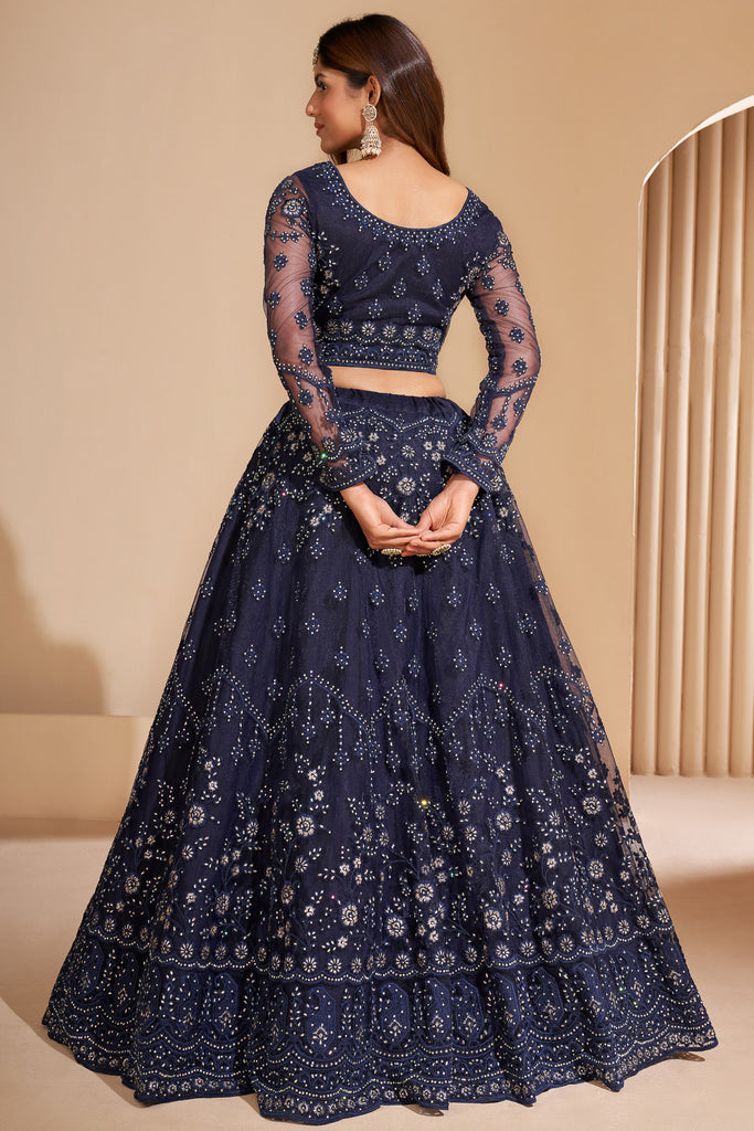 Navy Blue Crystal Heavy Designer Work Soft Net Wedding Lehenga Choli