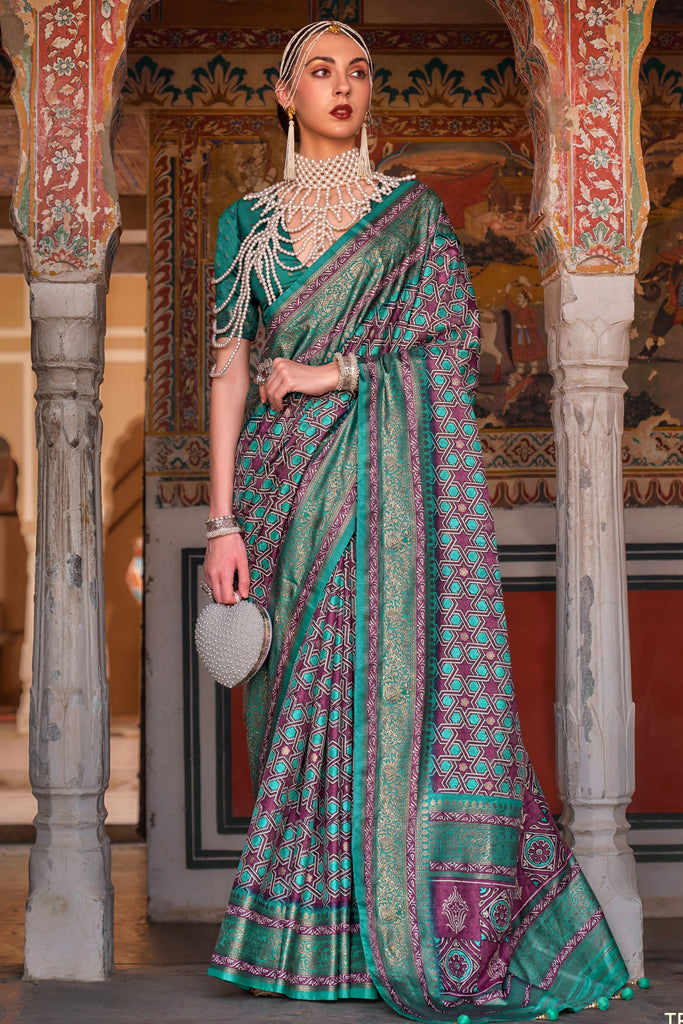 Blue Green Designer Silk Saree With Heavy Border