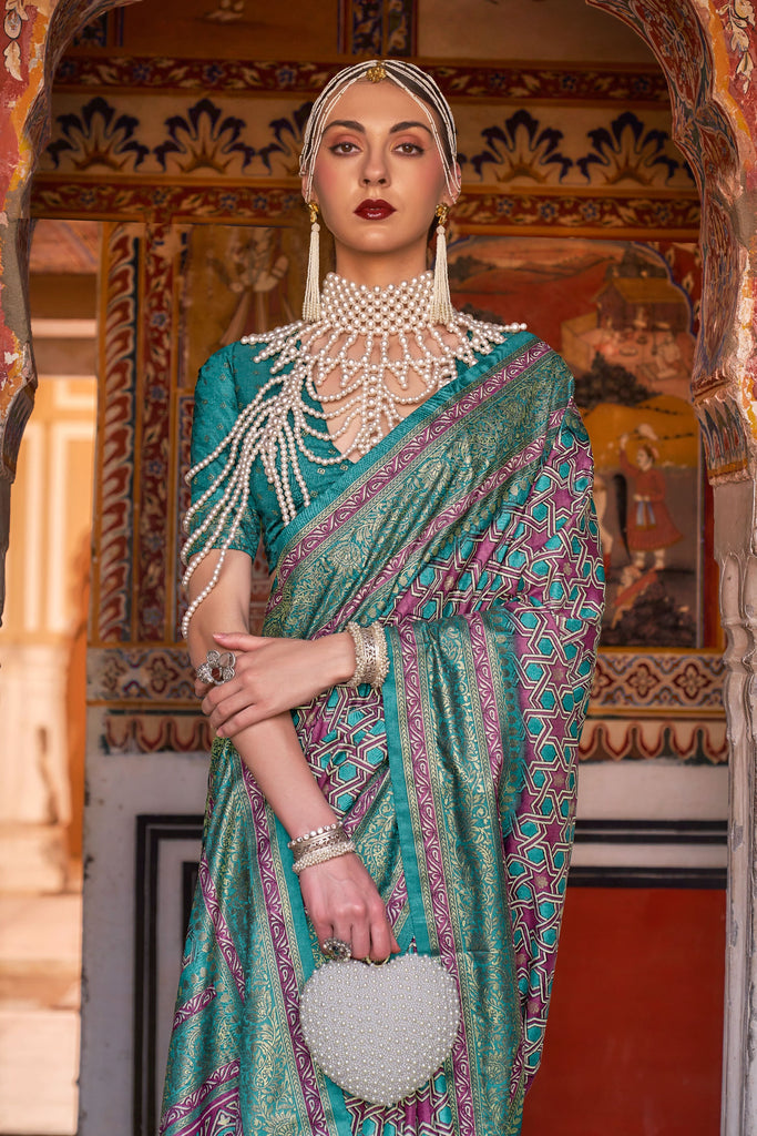 Blue Green Designer Silk Saree With Heavy Border