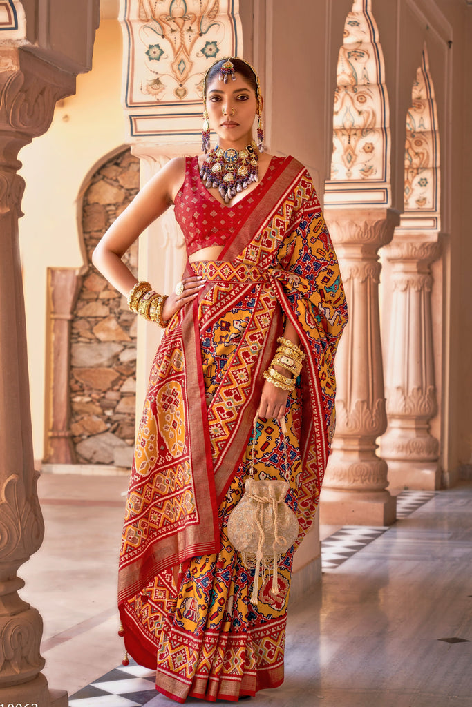 Canary Yellow Designer Printed Patola Saree For Wedding