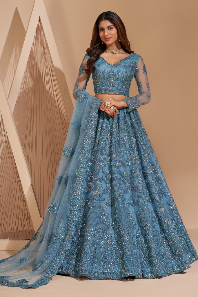 Light Blue Crystal Heavy Designer Work Soft Net Wedding Lehenga Choli