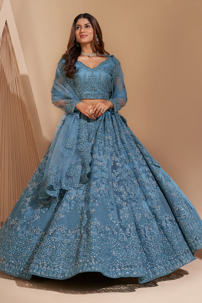 Light Blue Crystal Heavy Designer Work Soft Net Wedding Lehenga Choli