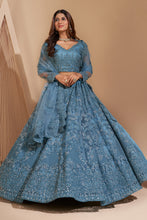 Load image into Gallery viewer, Light Blue Crystal Heavy Designer Work Soft Net Wedding Lehenga Choli