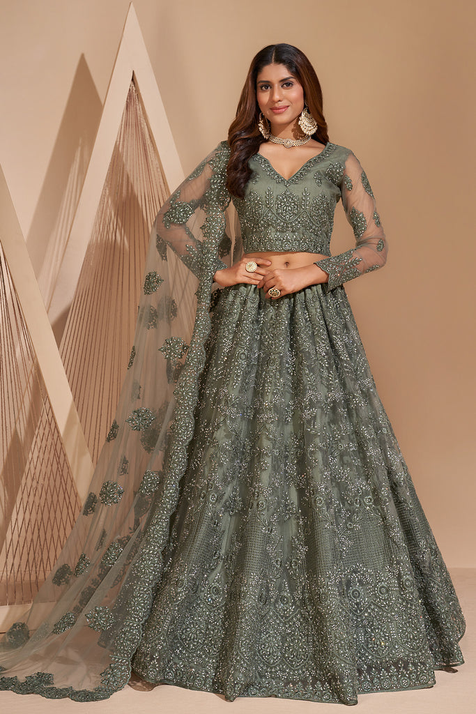 Sage Green Crystal Heavy Designer Work Soft Net Wedding Lehenga Choli