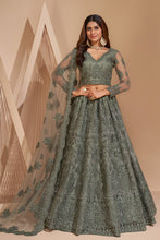 Load image into Gallery viewer, Sage Green Crystal Heavy Designer Work Soft Net Wedding Lehenga Choli