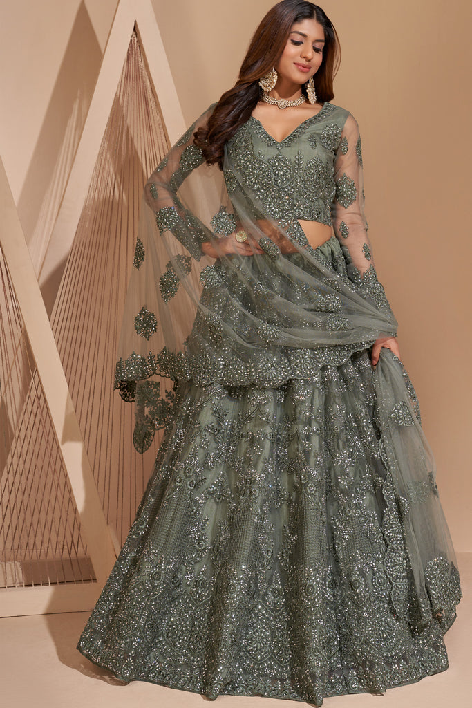 Sage Green Crystal Heavy Designer Work Soft Net Wedding Lehenga Choli