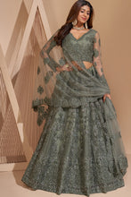 Load image into Gallery viewer, Sage Green Crystal Heavy Designer Work Soft Net Wedding Lehenga Choli