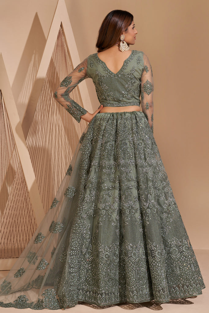 Sage Green Crystal Heavy Designer Work Soft Net Wedding Lehenga Choli