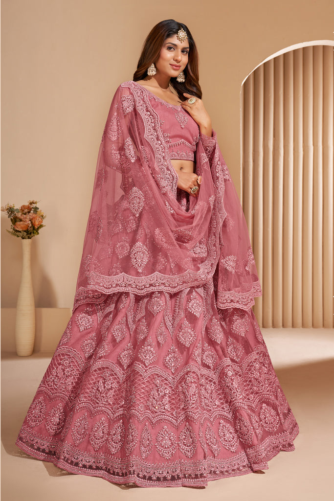 Dusky Pink Heavy Designer Work Soft Net Wedding Lehenga Choli