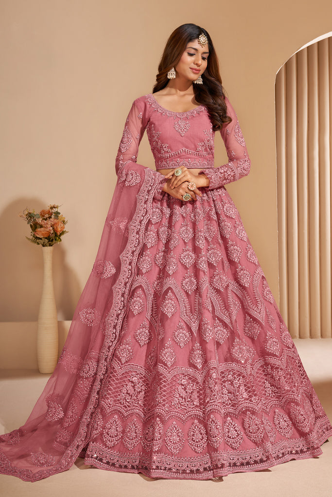 Dusky Pink Heavy Designer Work Soft Net Wedding Lehenga Choli