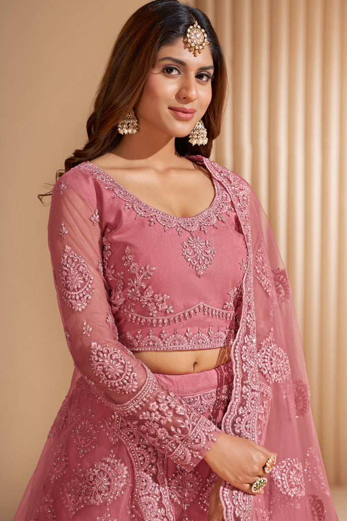 Dusky Pink Heavy Designer Work Soft Net Wedding Lehenga Choli