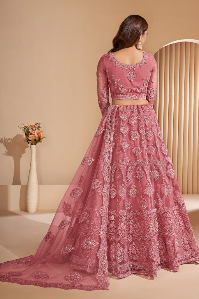 Dusky Pink Heavy Designer Work Soft Net Wedding Lehenga Choli