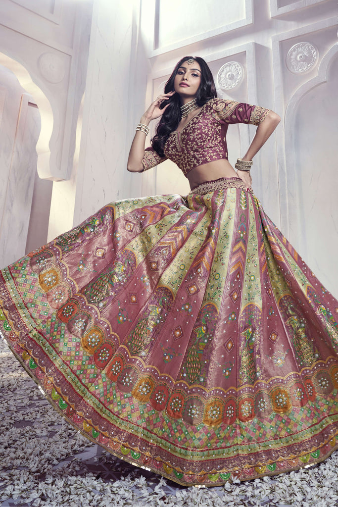 Dark Mauve Designer Bridal Embroidered Lehenga Choli In Dola Silk