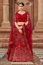 Load image into Gallery viewer, Net Deep Red Resham Embroidered Panelled Style Lehenga