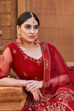 Load image into Gallery viewer, Net Deep Red Resham Embroidered Panelled Style Lehenga