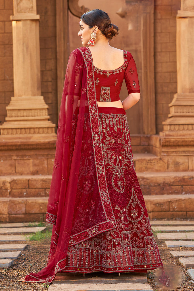 Net Deep Red Resham Embroidered Panelled Style Lehenga