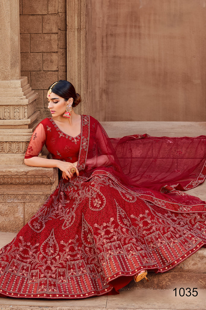 Net Deep Red Resham Embroidered Panelled Style Lehenga