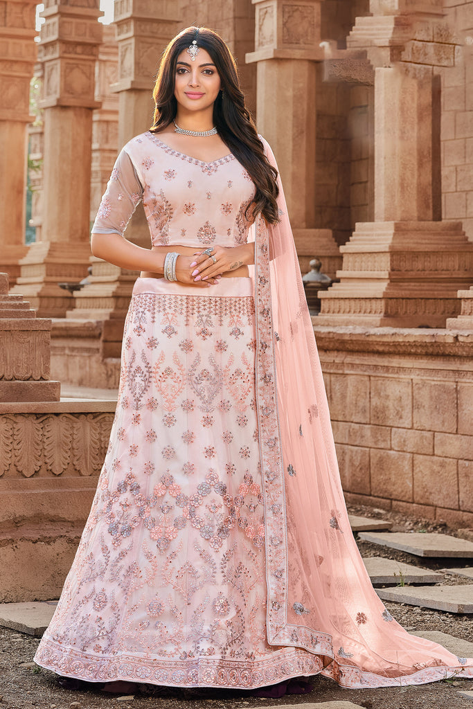 Pale Pink Net Resham Embroidered Panelled Style Lehenga