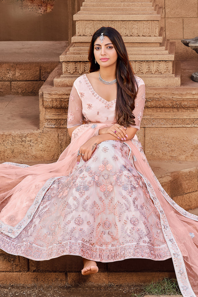 Pale Pink Net Resham Embroidered Panelled Style Lehenga