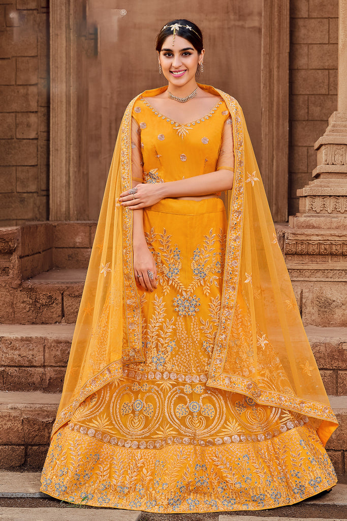 Net Resham Embroidered Mustard Yellow Panelled Style Lehenga