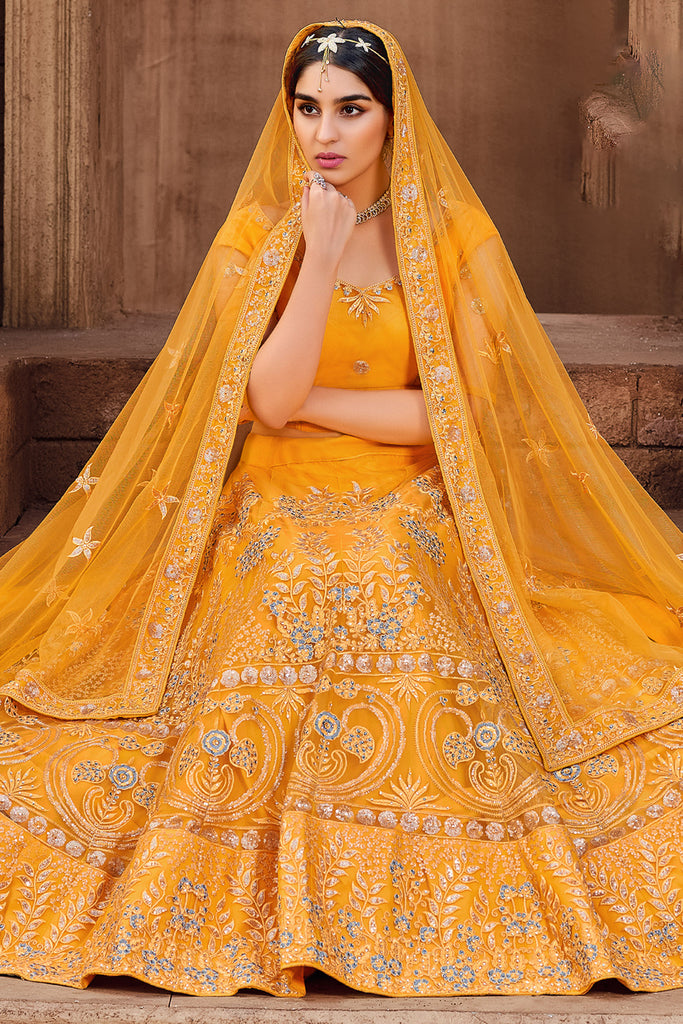 Net Resham Embroidered Mustard Yellow Panelled Style Lehenga