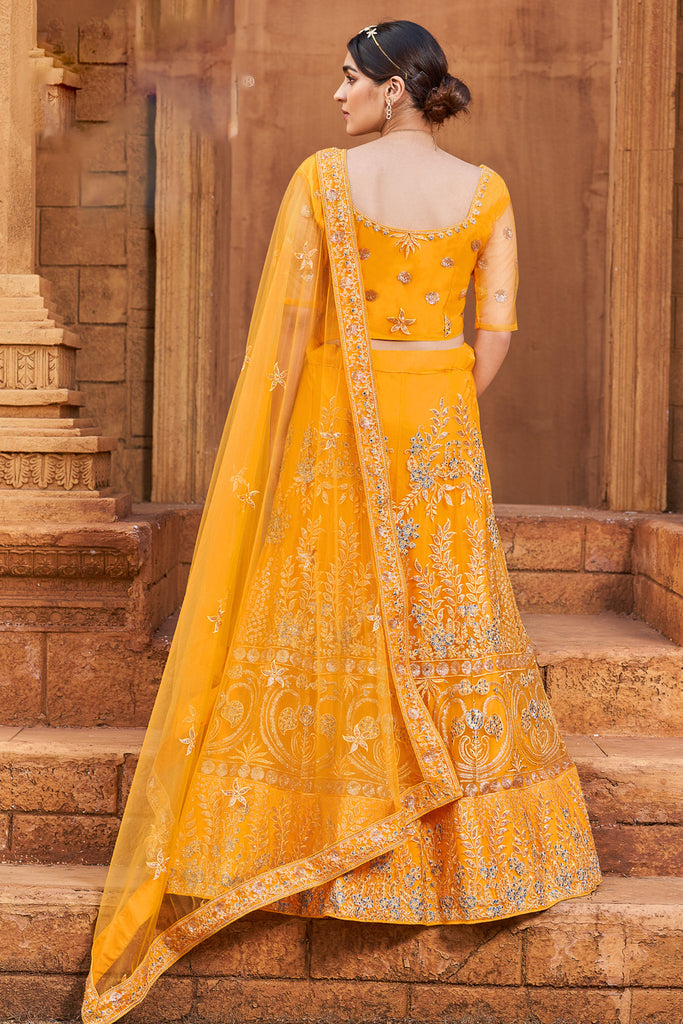 Net Resham Embroidered Mustard Yellow Panelled Style Lehenga