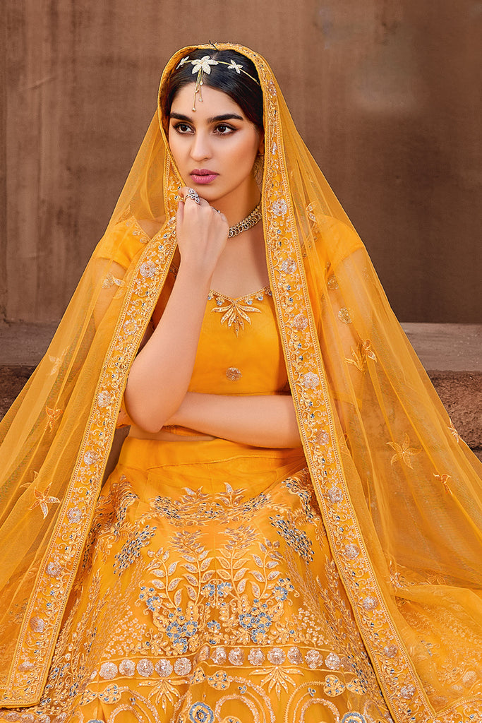 Net Resham Embroidered Mustard Yellow Panelled Style Lehenga