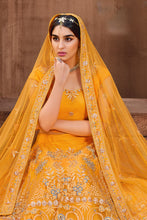 Load image into Gallery viewer, Net Resham Embroidered Mustard Yellow Panelled Style Lehenga