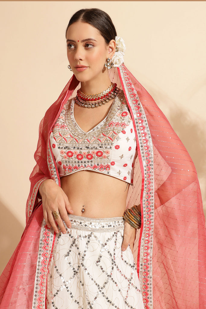 Peach & White Sequence Handwork Embroidery Lehenga Choli