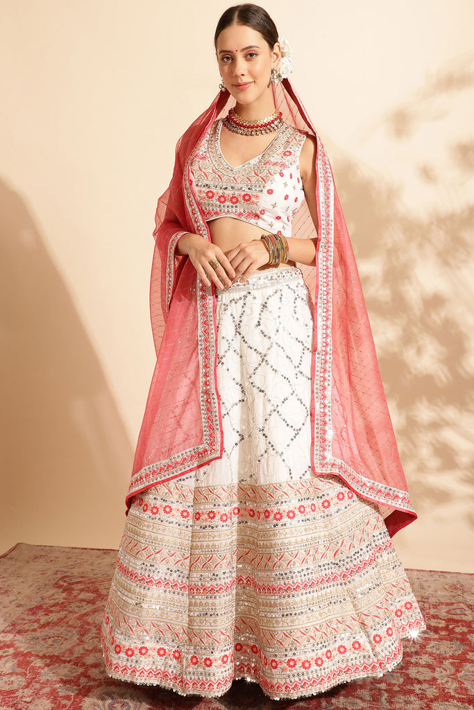 Peach & White Sequence Handwork Embroidery Lehenga Choli