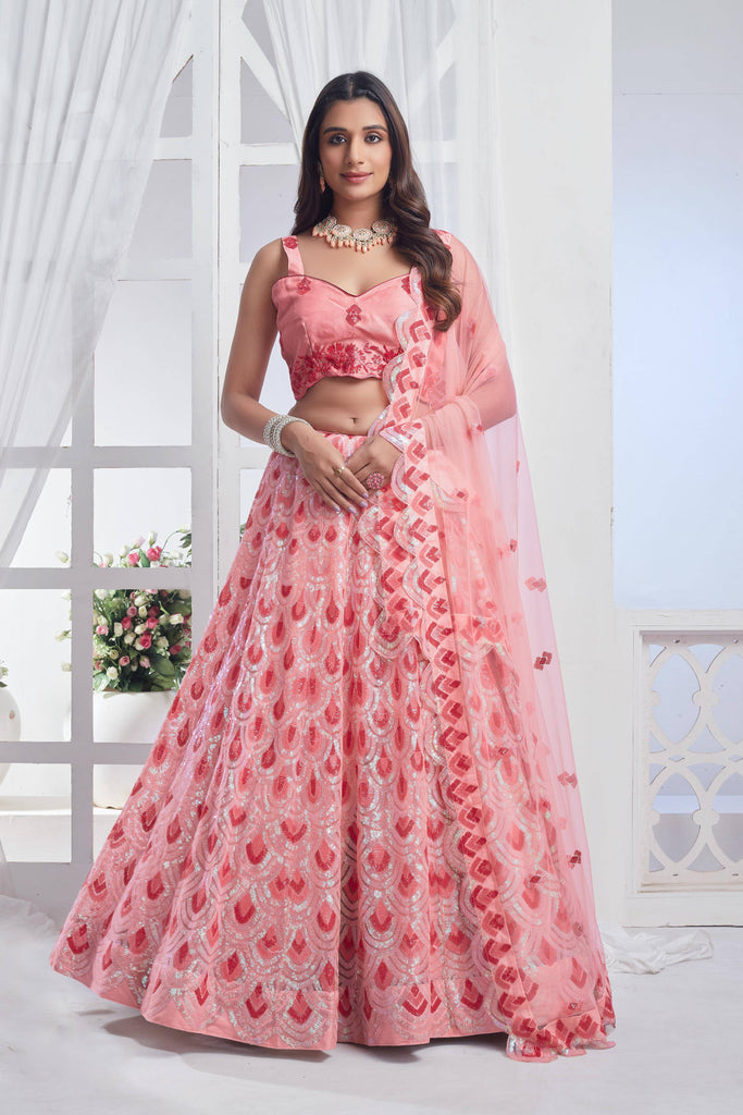 Peach Embroidered Net Designer Lehenga Choli