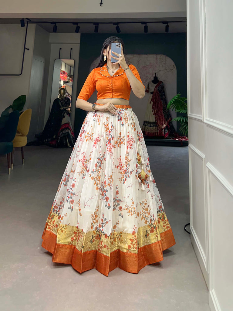 Cream and Orange Soft Cotton Lehenga with Banglori Blouse Set