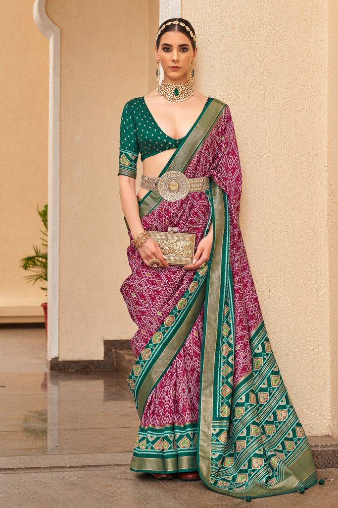 Maroon and Green Designer Printed Patola Saree For Wedding