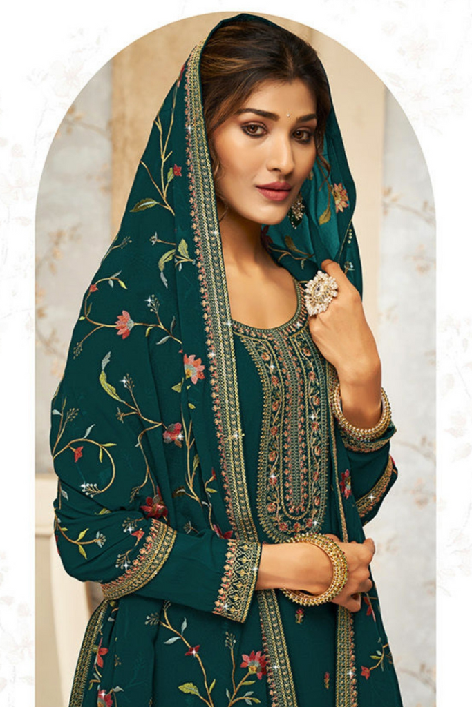 Dark Green Multi Embroidery Traditional Suit