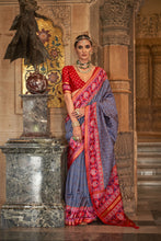 Load image into Gallery viewer, Ink Grey with Red Ikkat Patola Border and Banarasi Blouse