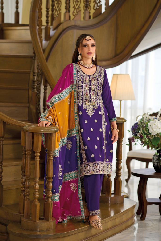 Purple Readymade Embroidered Chiffon Pant Suit Set