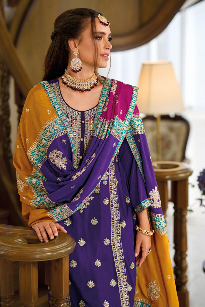 Purple Readymade Embroidered Chiffon Pant Suit Set