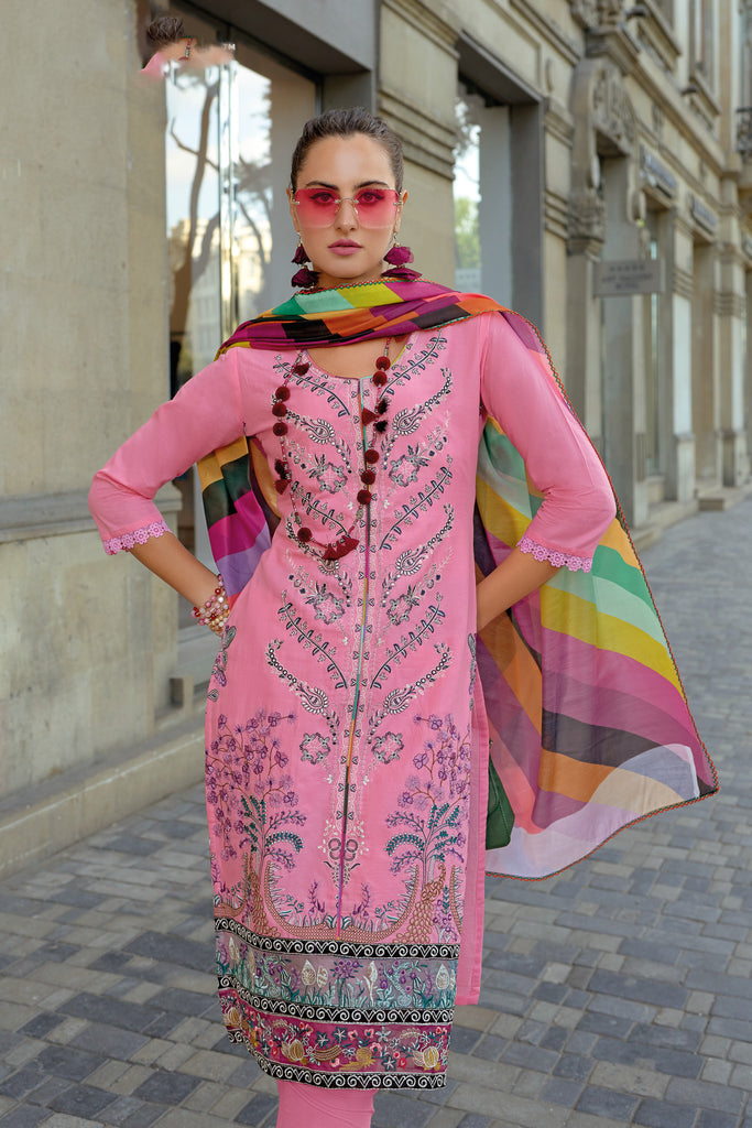 Pink Cotton Embroidered Festive Wear Salwar Suit